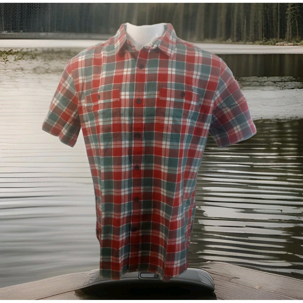 Royal Robbins Mens Shirt XL Orange Green Plaid Short Sleeve Button Outdoor Camp